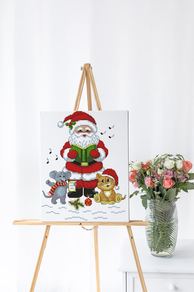 Kreuzstich - Weihnachtsmann mit Katze & Maus | 25x30 cm - Diy - Fadenkunst