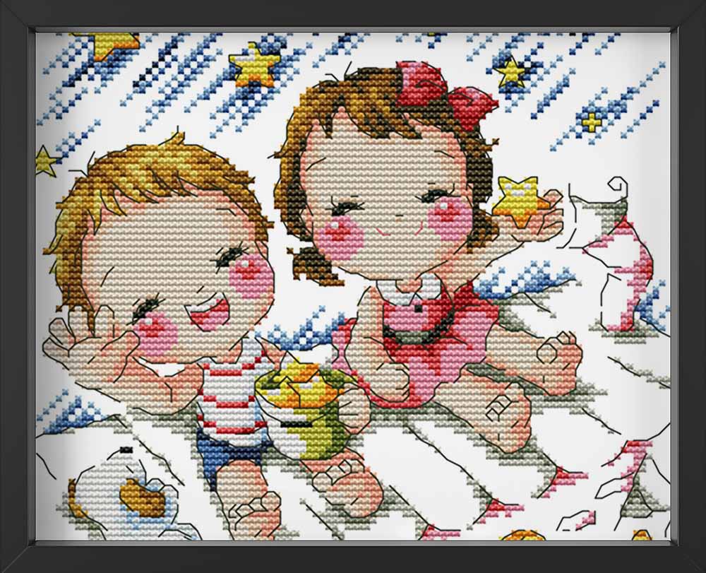 Kreuzstich -  zwei kleine Kinder am winken | 25x25 cm - Diy - Fadenkunst