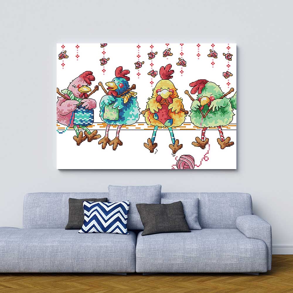Kreuzstich -  kleine Hühner am stricken | 40x25 cm - Diy - Fadenkunst