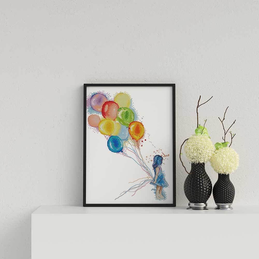 Kreuzstich -  Mädchen mit Ballons |35x40 cm - Diy - Fadenkunst