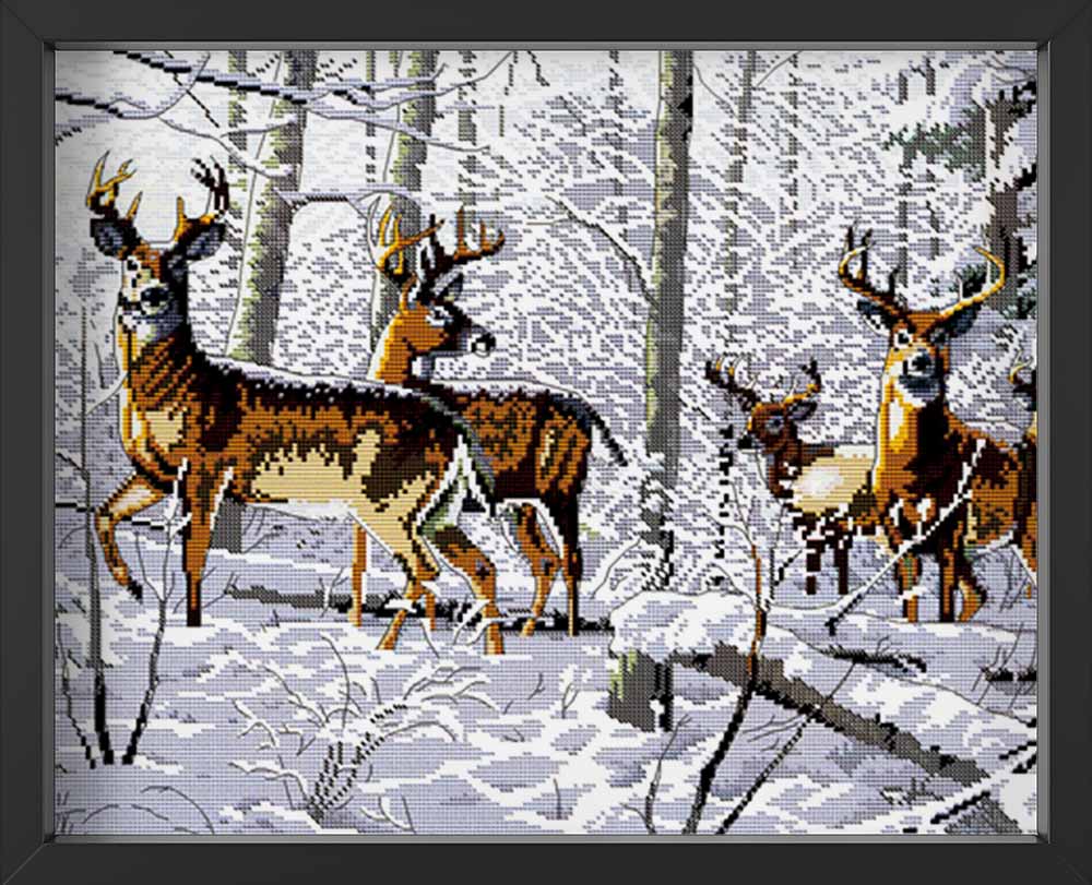 Kreuzstich -  Hirsche im Schnee | 65x40 cm - Diy - Fadenkunst