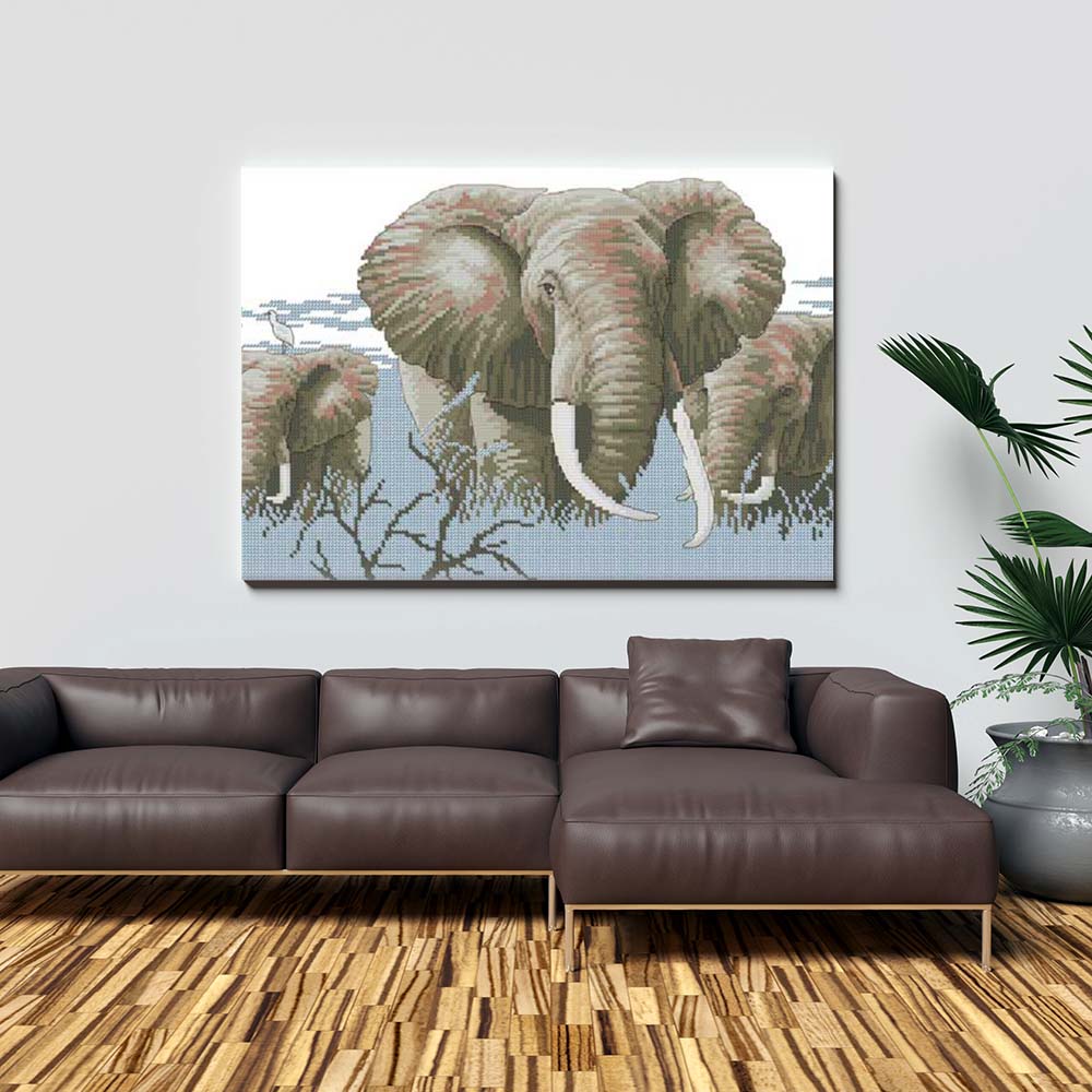 Kreuzstich - Elefantenfamilie | 50x30 cm - Diy - Fadenkunst