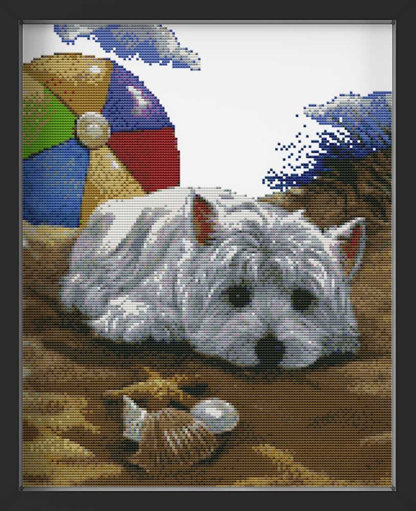 Kreuzstich - Hund Westie am Strand | 35x40 cm - Diy - Fadenkunst