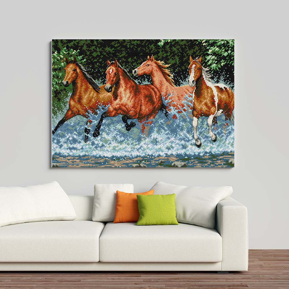 Kreuzstich - Pferdeherde | 60x35 cm - Diy - Fadenkunst