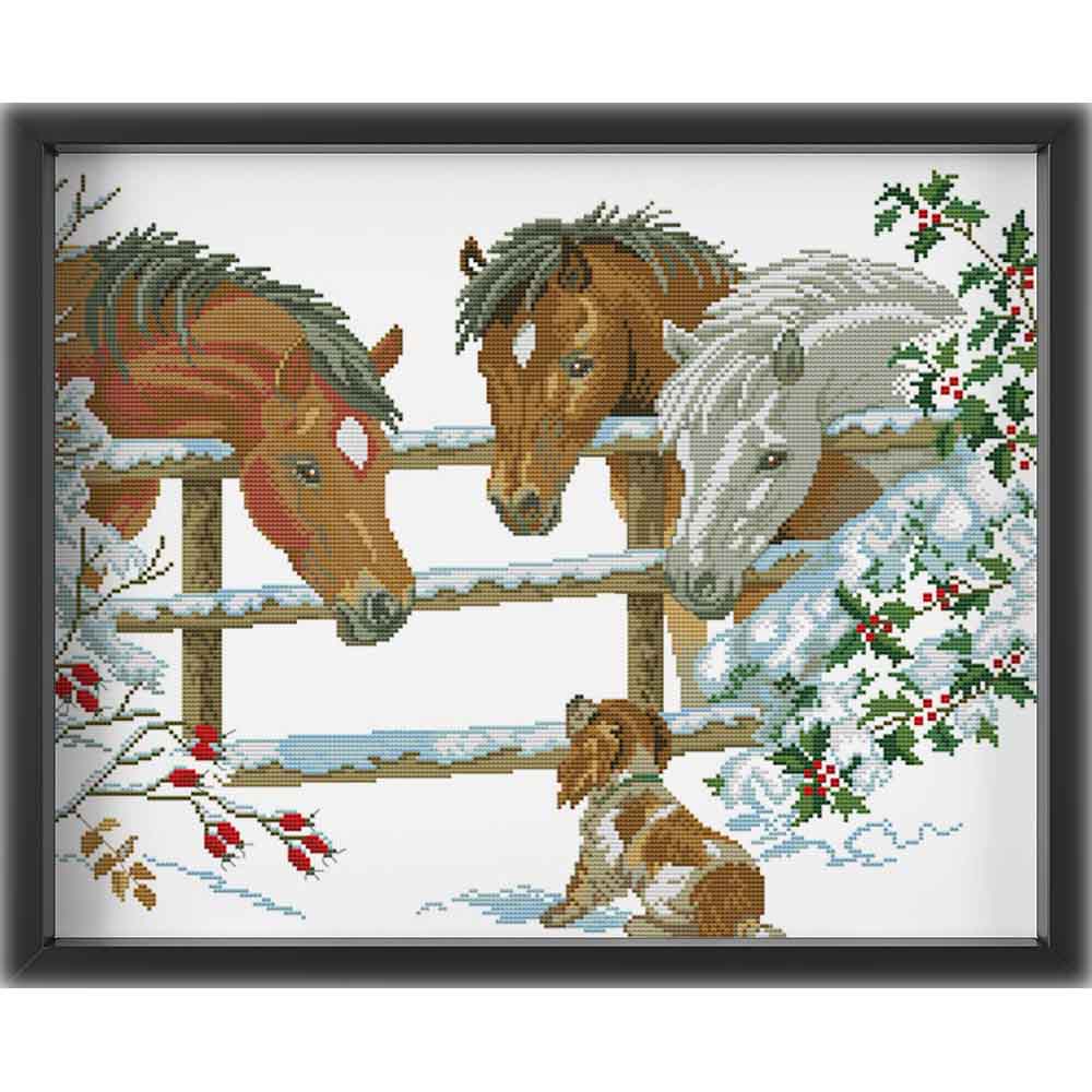 Kreuzstich - Drei Pferde mit Hund | 50x40 cm - Diy - Fadenkunst