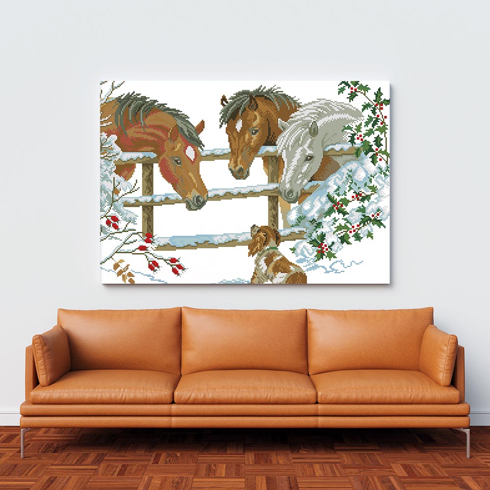 Kreuzstich - Drei Pferde mit Hund | 50x40 cm - Diy - Fadenkunst