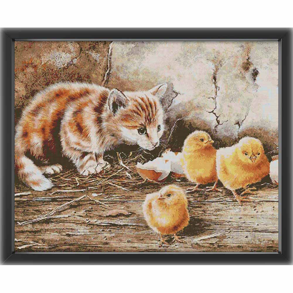 Kreuzstich - Katze und Küken | 80x60 cm - Diy - Fadenkunst