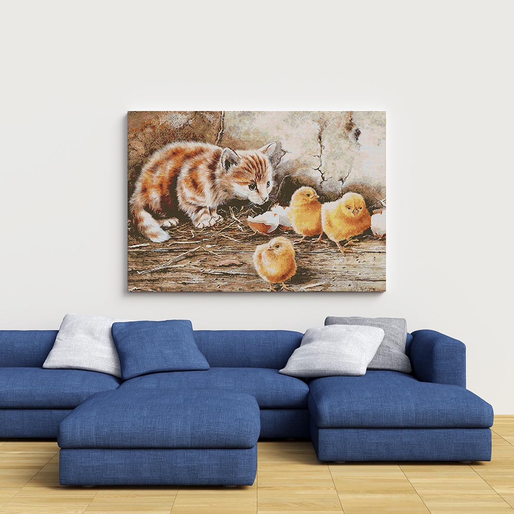 Kreuzstich - Katze und Küken | 80x60 cm - Diy - Fadenkunst