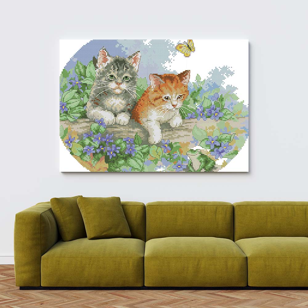 Kreuzstich - Katze mit Schmetterling| 35x30 cm - Diy - Fadenkunst