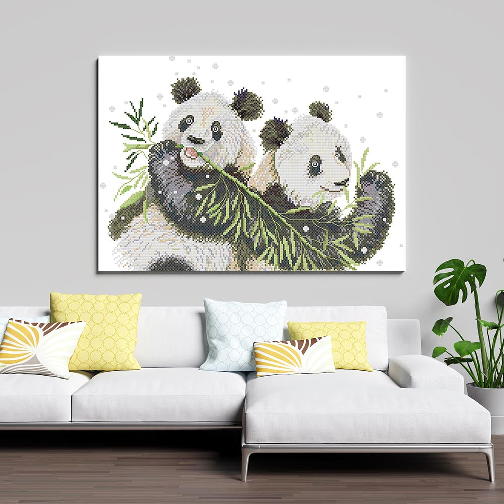 Kreuzstich - Pandas essen Bambus | 45x35 cm - Diy - Fadenkunst