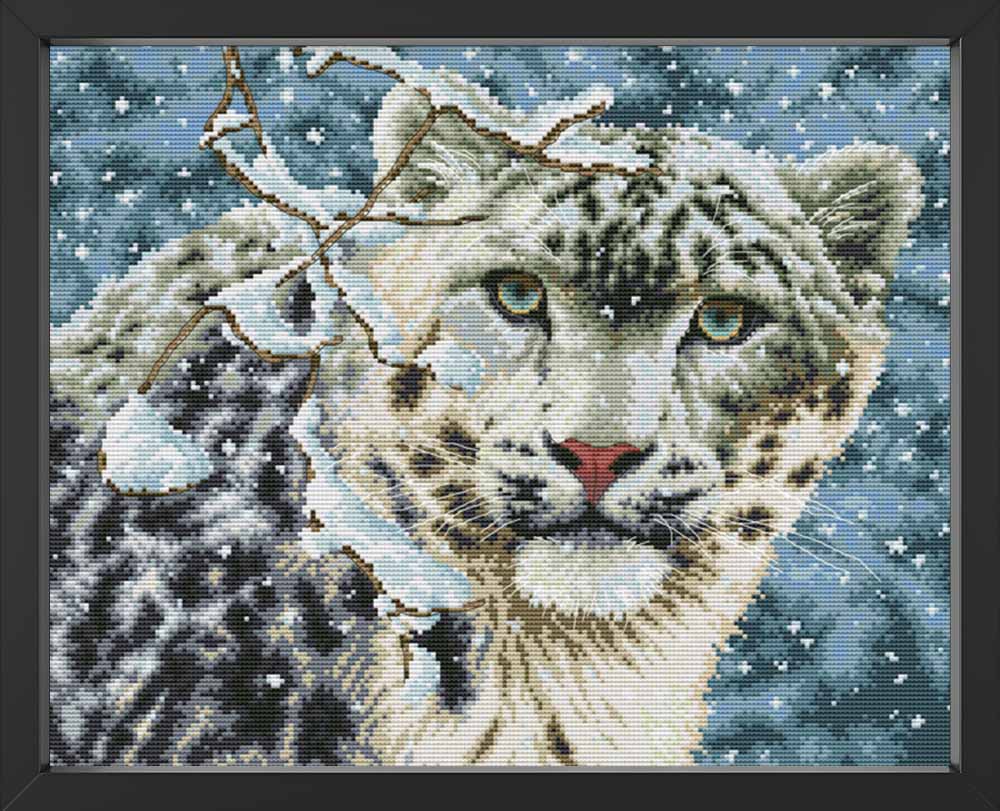Kreuzstich - Der weiße Leopard | 45x40 cm - Diy - Fadenkunst