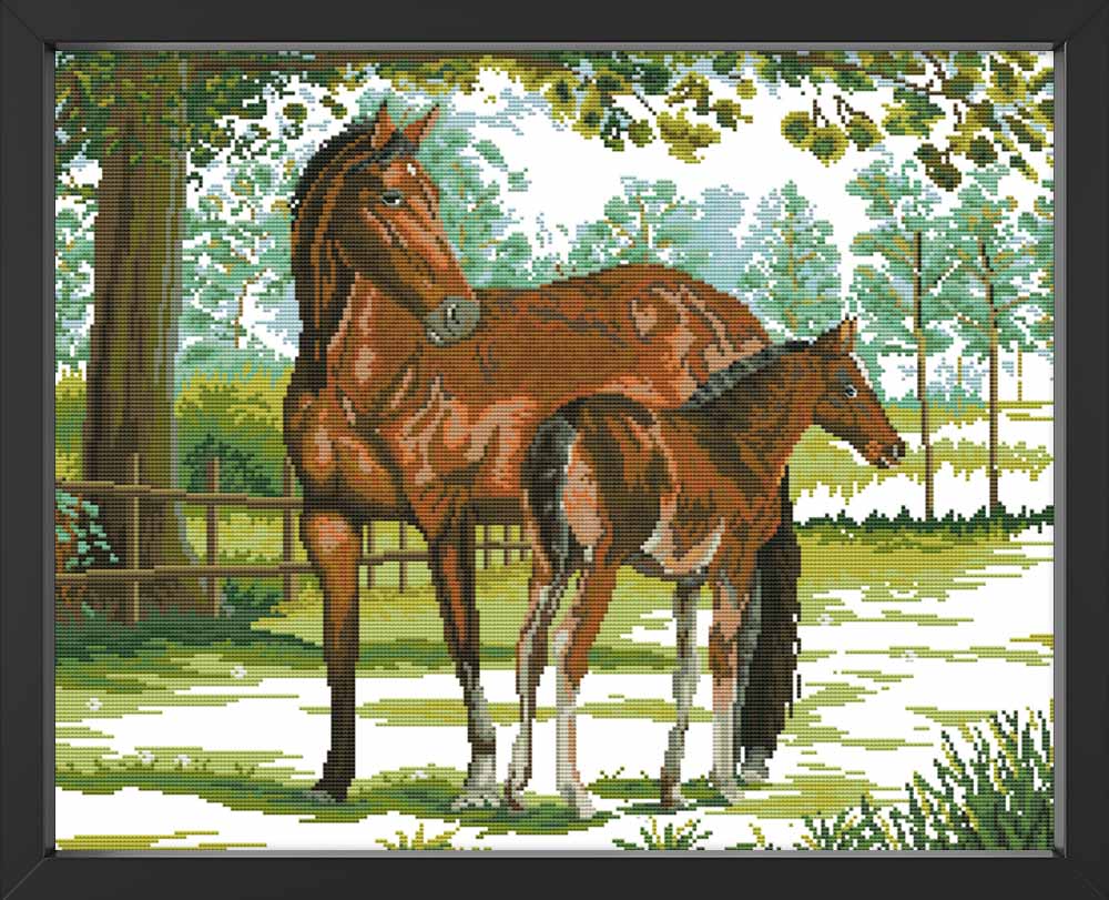 Kreuzstich - Pferd mit Fohlen auf der Weide | 55x45 cm - Diy - Fadenkunst