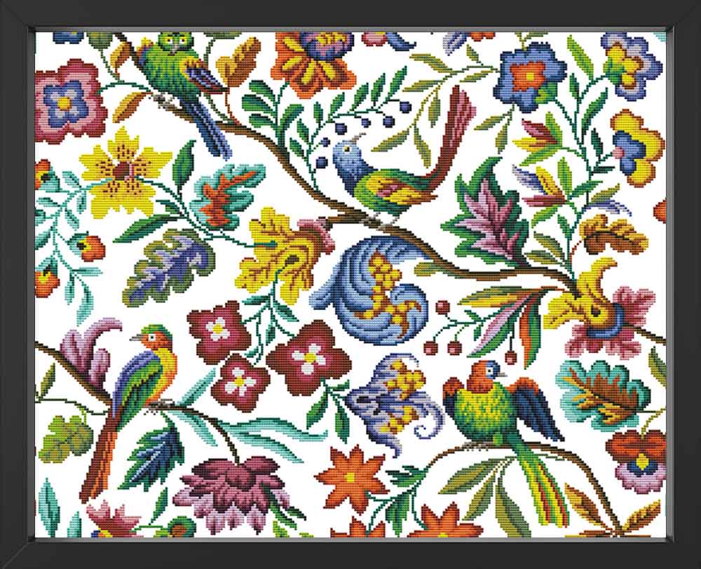 Kreuzstich - Vögel und bunte Blumen | 60x55 cm - Diy - Fadenkunst