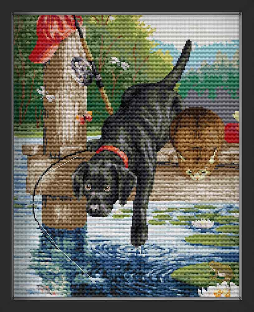 Kreuzstich - Hund und Katze am See | 40x50 cm - Diy - Fadenkunst