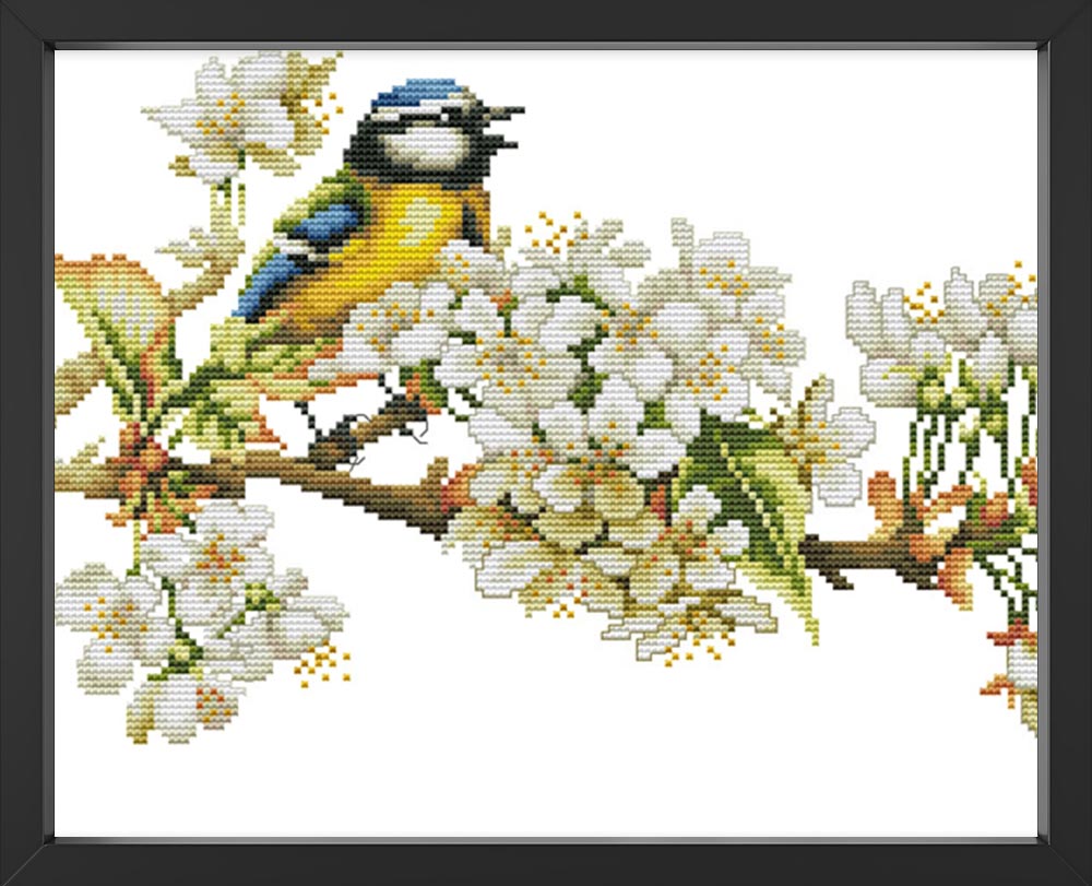 Kreuzstich - kleiner Vogel auf Blumenast  | 50x30 cm - Diy - Fadenkunst