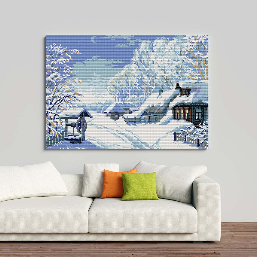 Kreuzstich - Hütten im Schnee | 50x35 cm - Diy - Fadenkunst
