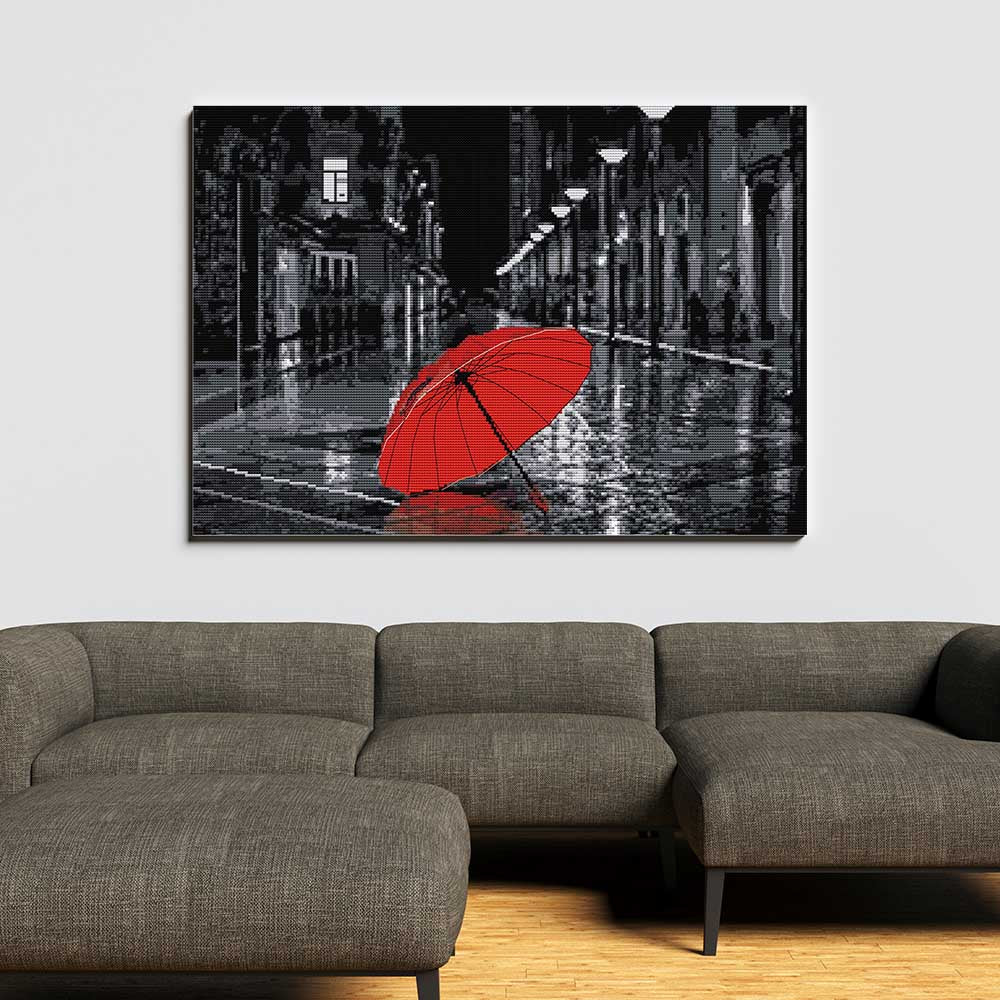 Kreuzstich - Roter Regenschirm | 50x40 cm - Diy - Fadenkunst