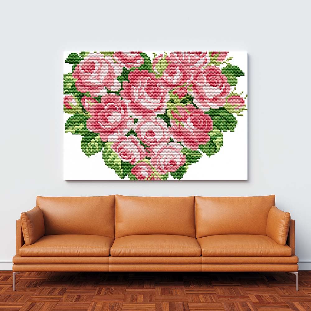 Kreuzstich -  rosa Rosenherz | 30x30 - Diy - Fadenkunst