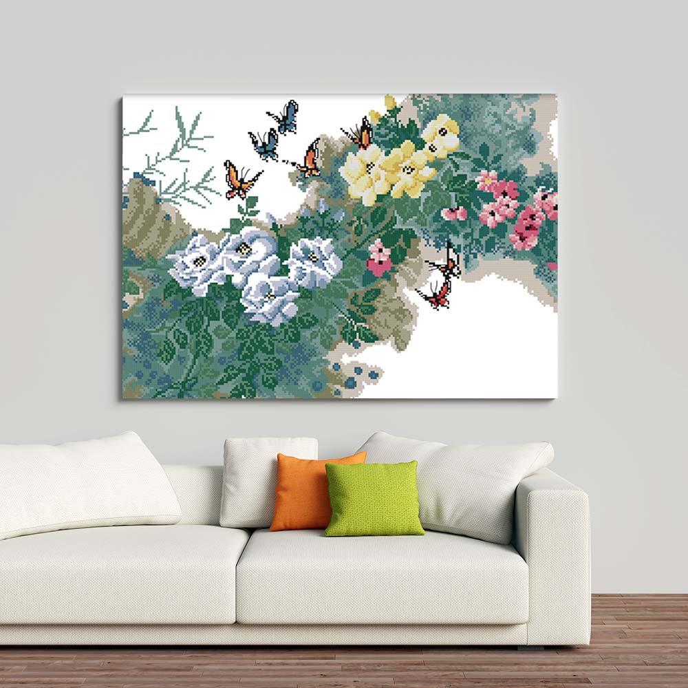 Kreuzstich - Blumen mit Schmetterlingen | 60x30 cm - Diy - Fadenkunst