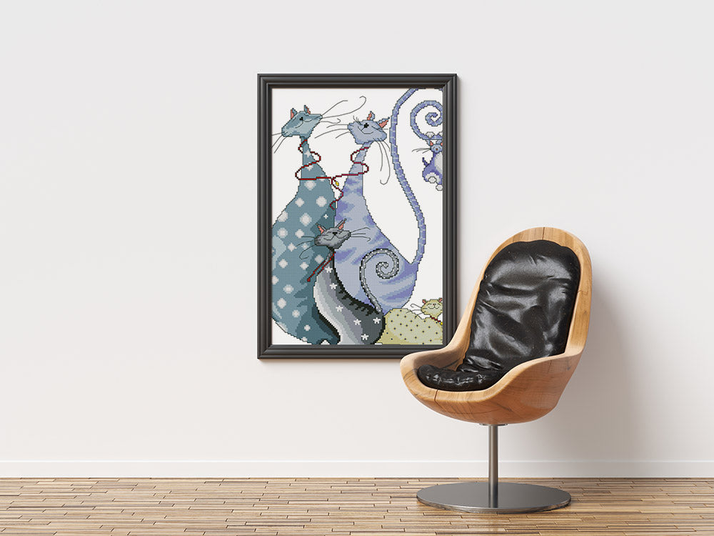 Kreuzstich - Abstrakte blaue Katzen | 30x40 cm - Diy - Fadenkunst