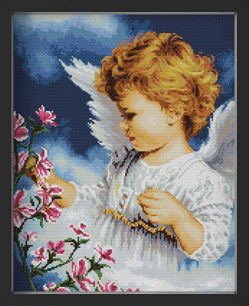 Kreuzstich - kleines Mädchen als Engel mit Blumen | 35x50 - Diy - Fadenkunst