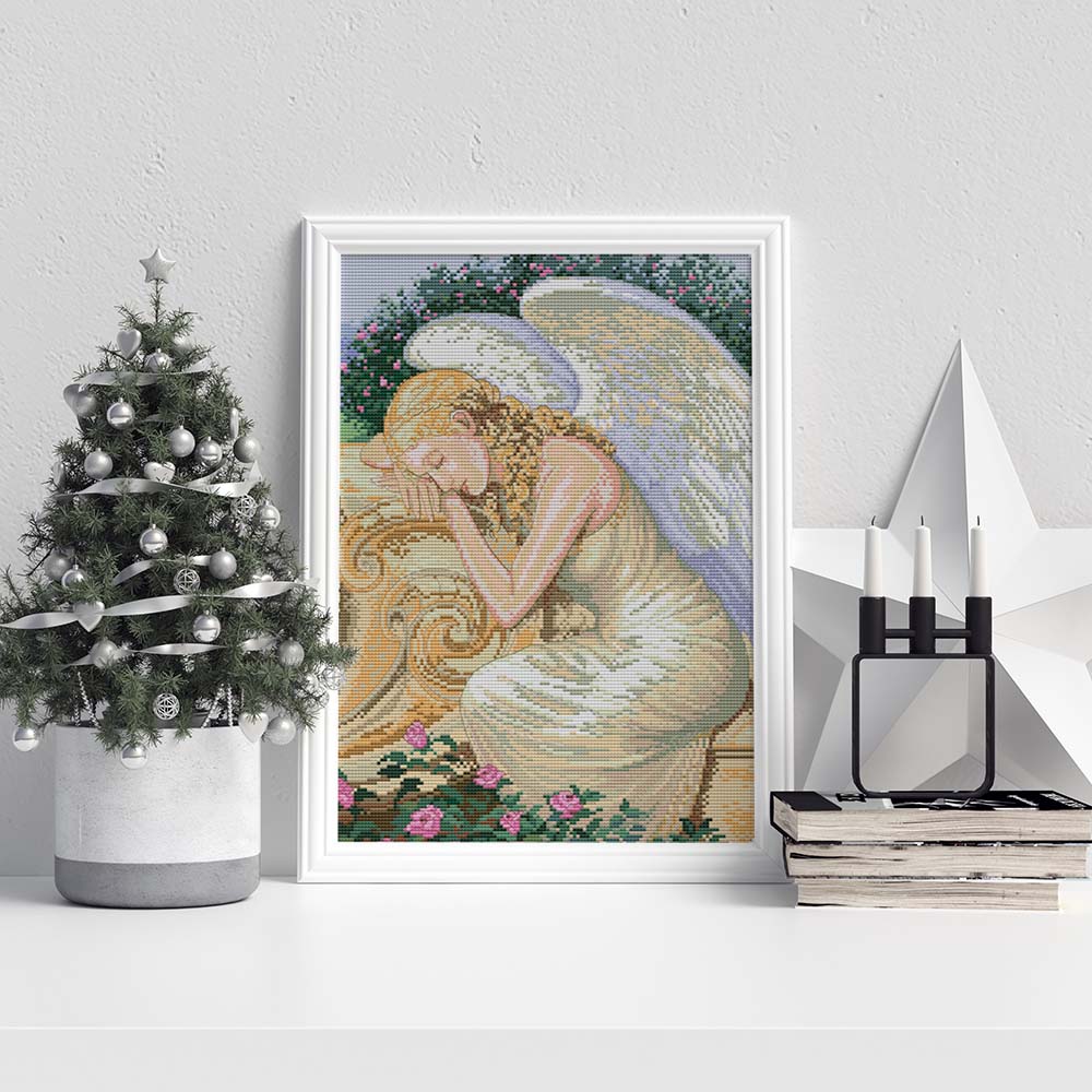 Kreuzstich - Eleganter Engel am liegen | 40x40 cm - Diy - Fadenkunst