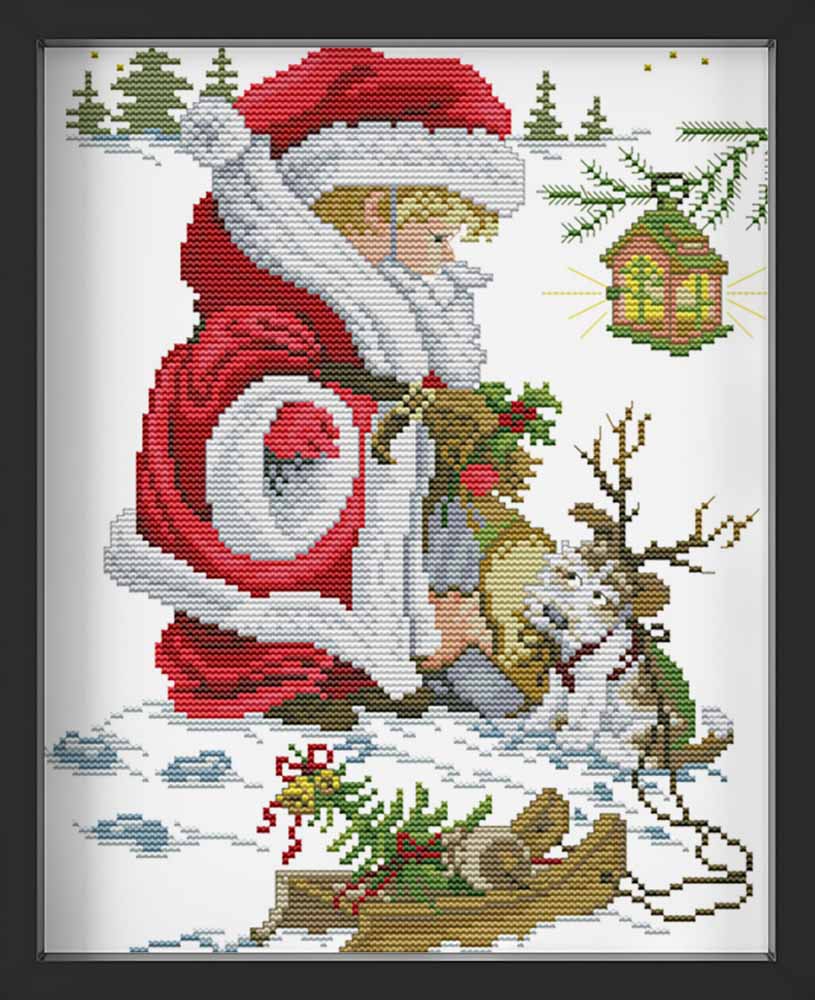 Kreuzstich - Junge als Weihnachtsmann | 30x20 cm - Diy - Fadenkunst