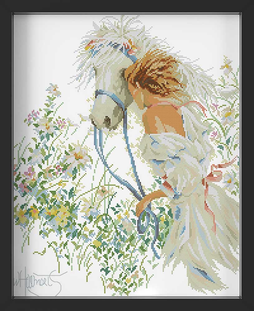 Kreuzstich - Mädchen mit Pferd | 40x50 cm - Diy - Fadenkunst