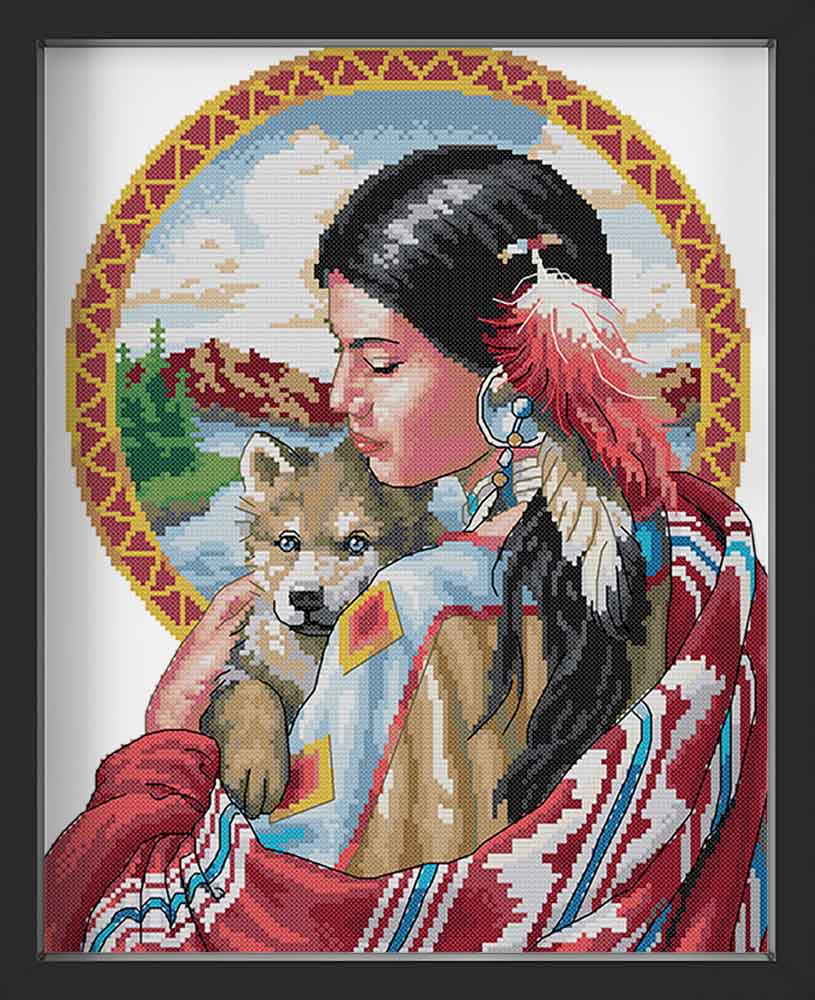 Kreuzstich - Indianer Mädchen mit Hund | 30x40 cm - Diy - Fadenkunst