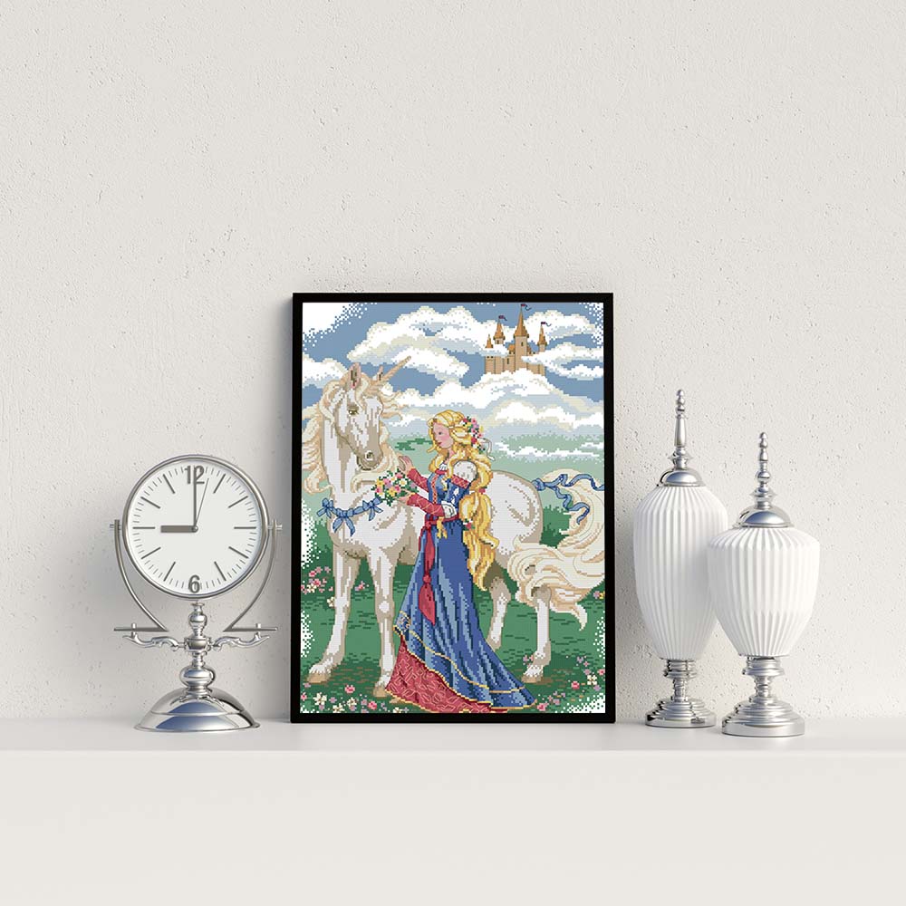 Kreuzstich - Mädchen mit Einhorn | 40x50 cm - Diy - Fadenkunst