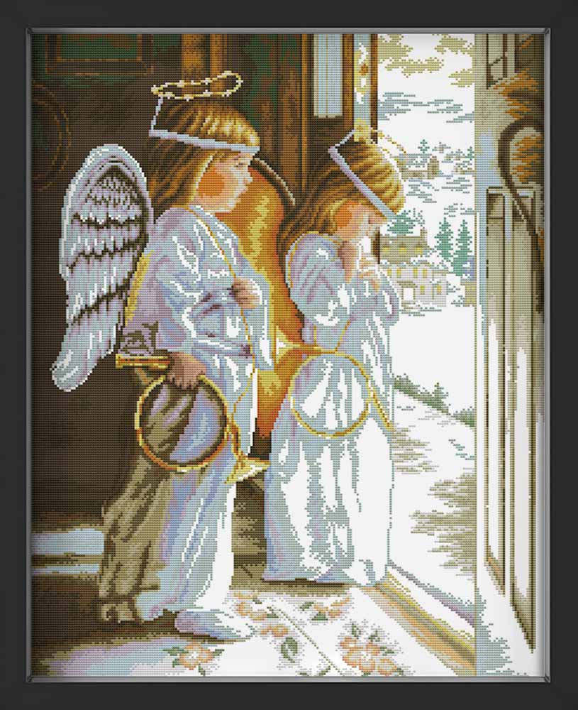 Kreuzstich - zwei Engel an der Tür | 50x60 cm - Diy - Fadenkunst