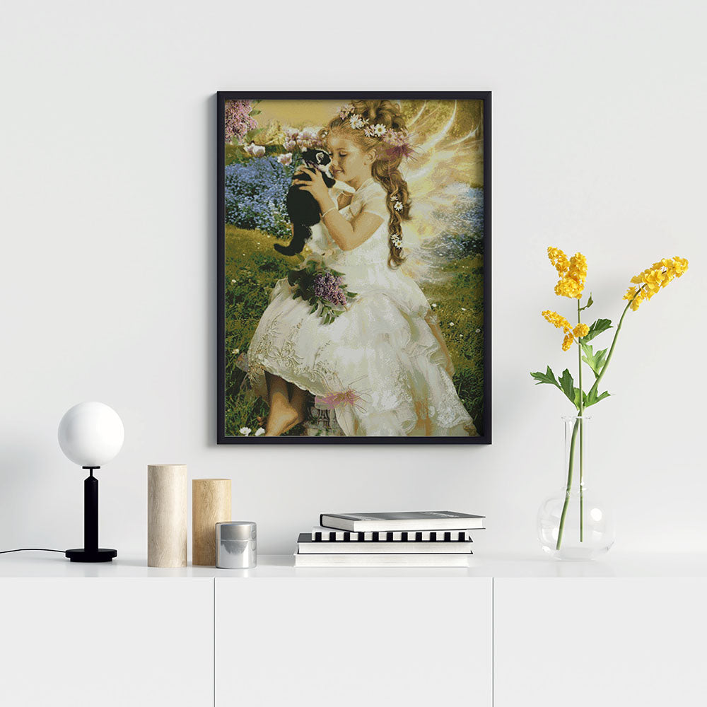 Kreuzstich - Mädchen mit Blumenkranz und Katze | 90x120 cm - Diy - Fadenkunst
