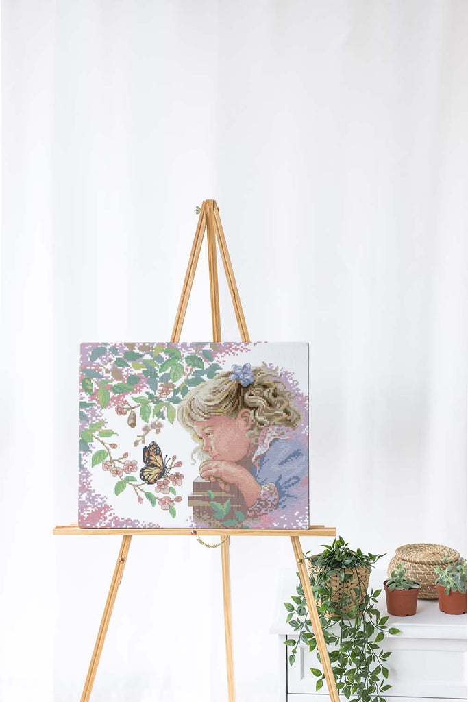 Kreuzstich - kleines Mädchen mit Schmetterling | 35x30 - Diy - Fadenkunst