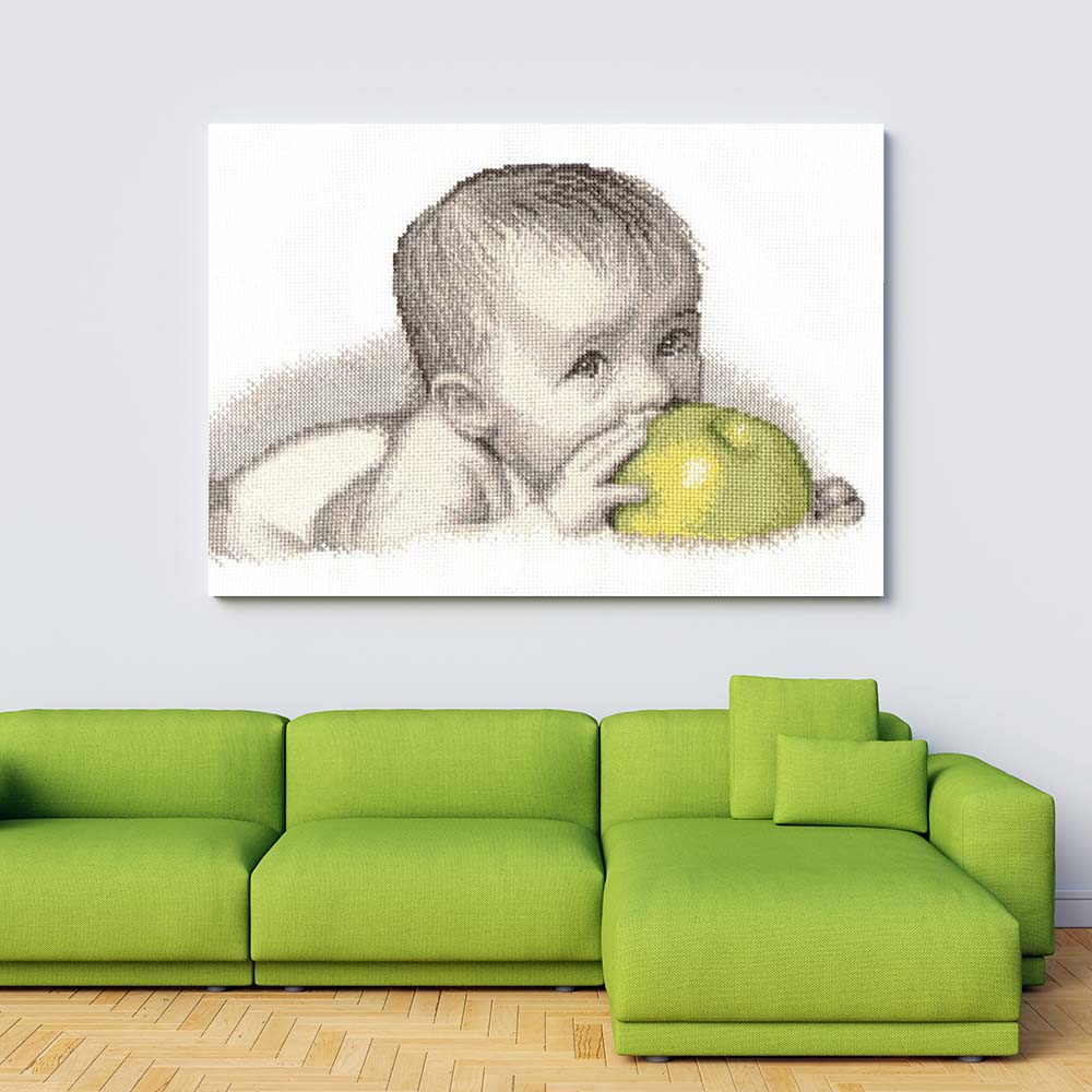 Kreuzstich - Baby mit einem Apfel | 30x20 cm - Diy - Fadenkunst