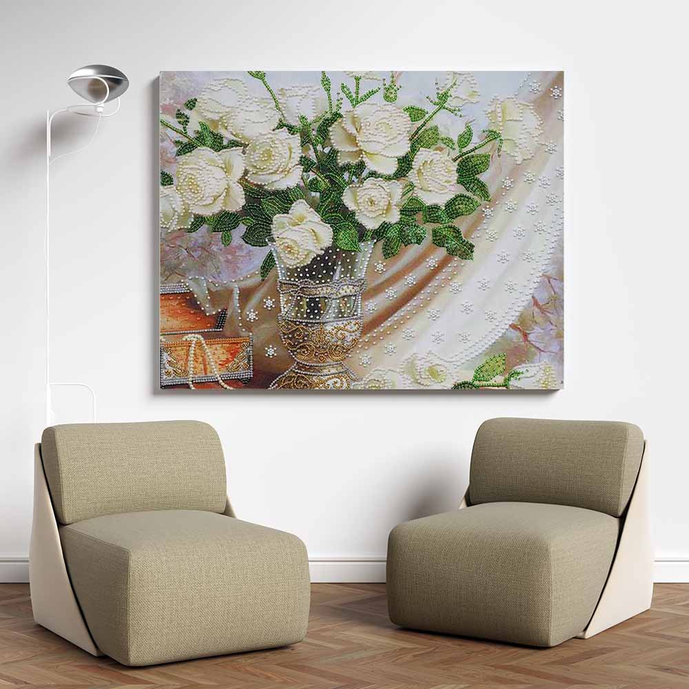 Kreuzstich - Weiße Rosen | 40x50 cm - Diy - Fadenkunst