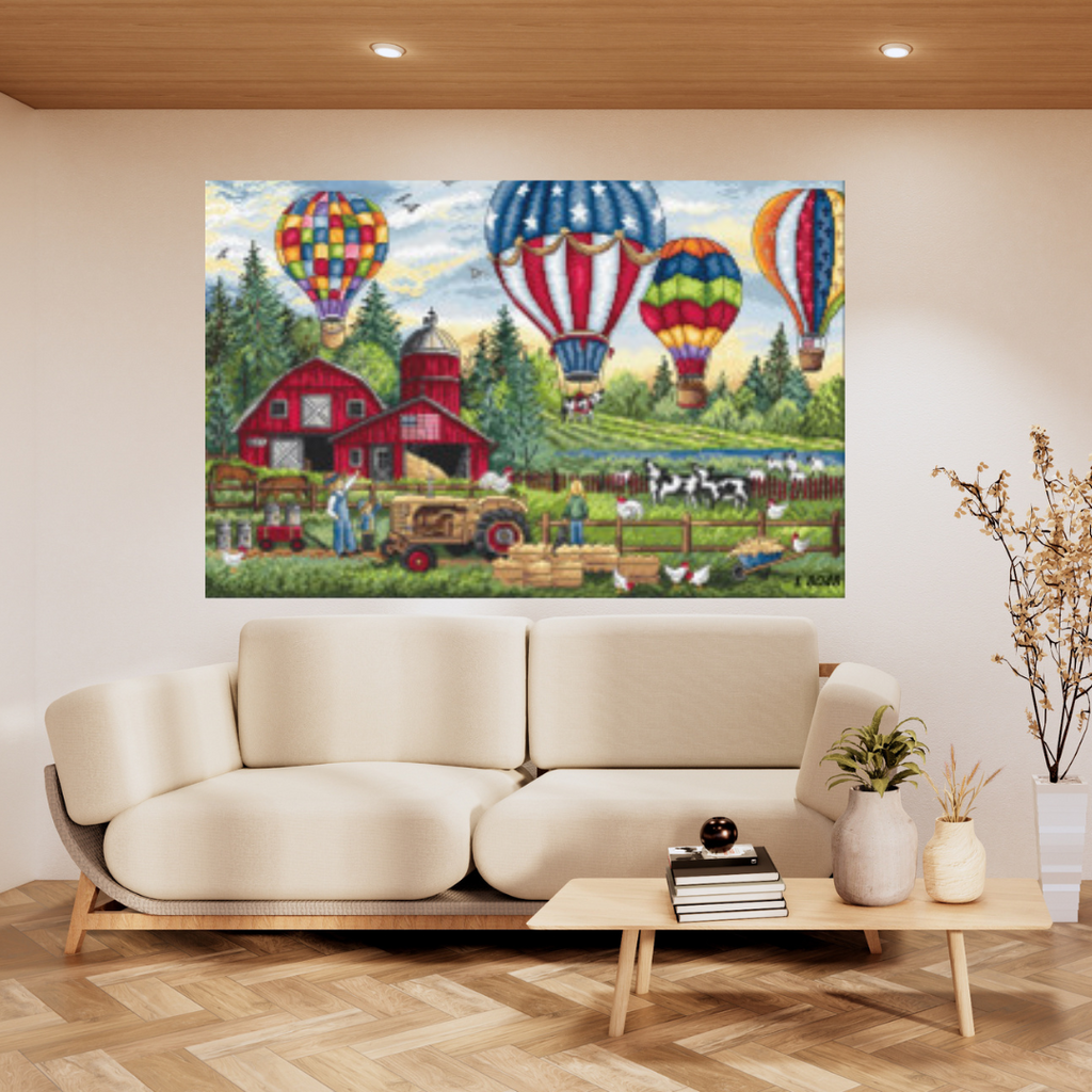 Kreuzstich - | Heißluftballons überm Bauernhof - 40x26 cm