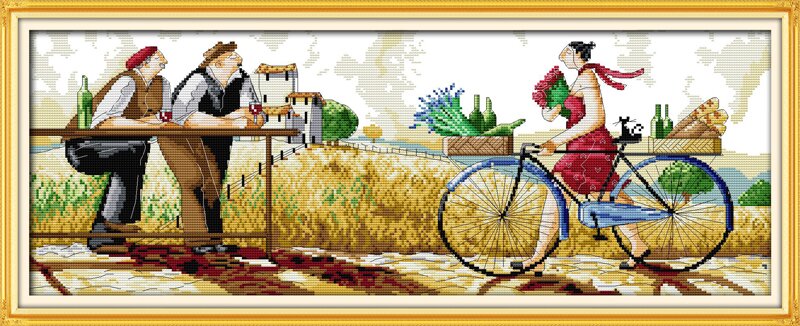 Kreuzstich -  Abstrakte Person mit Fahrrad und Blumen | 60x30 cm