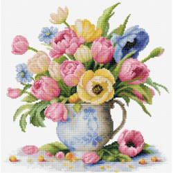 Kreuzstich | Bunte Tulpen in Vase -  26x27 cm