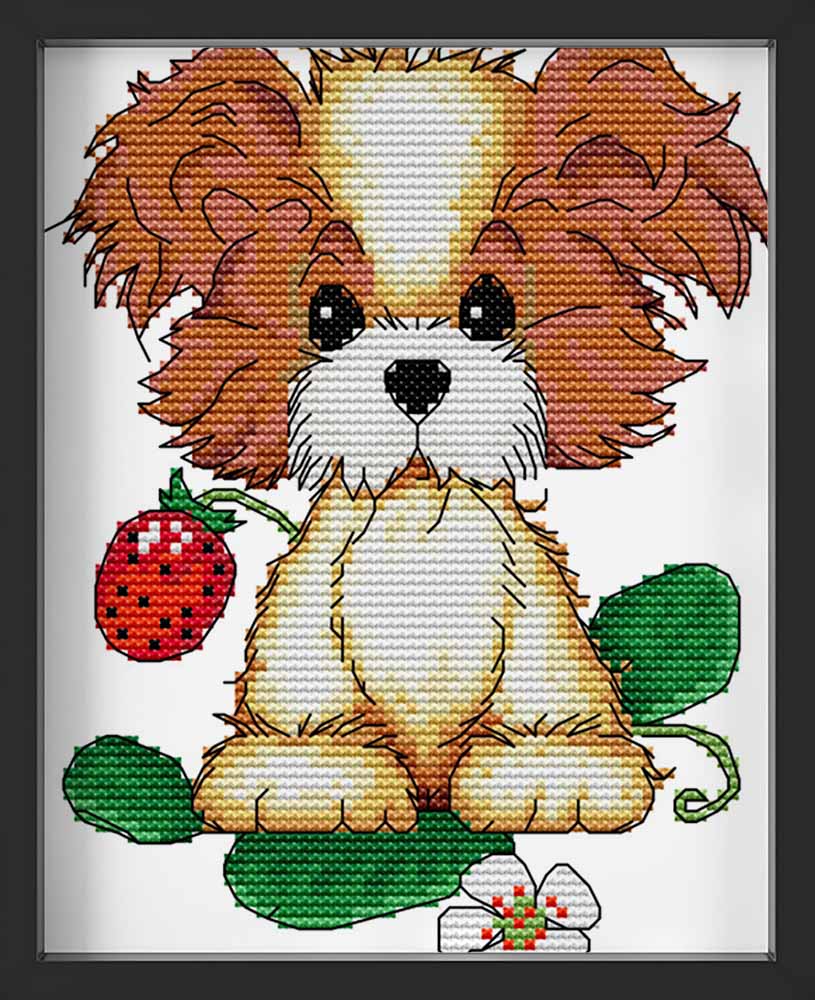 Kreuzstich -  kleiner Hund mit Erdbeere | 15x20 cm - Diy - Fadenkunst
