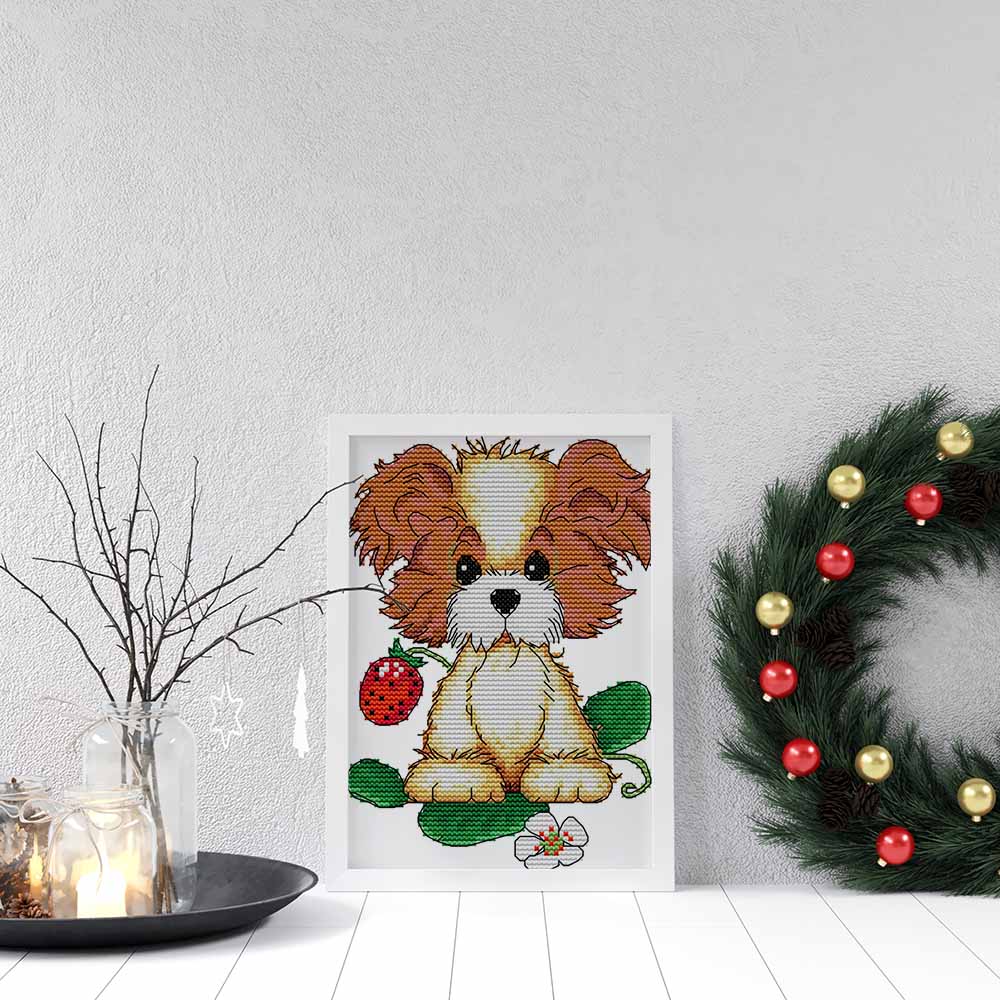 Kreuzstich -  kleiner Hund mit Erdbeere | 15x20 cm - Diy - Fadenkunst