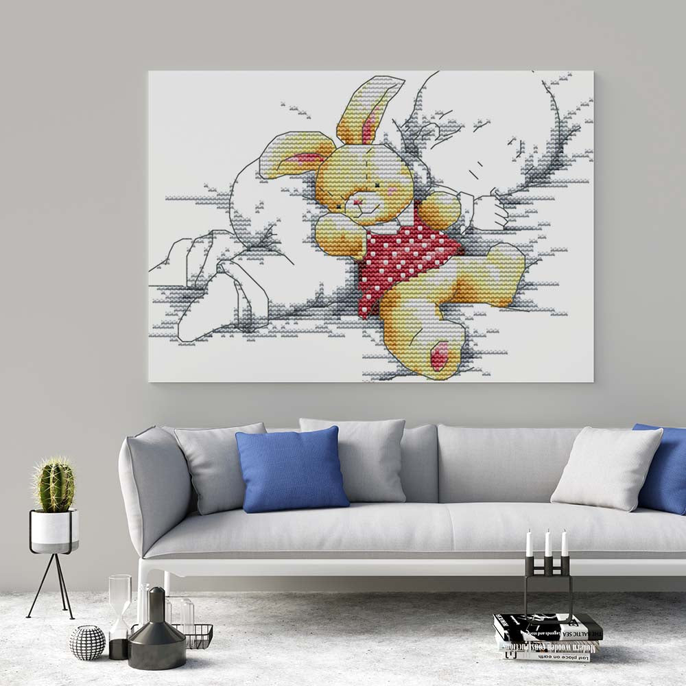 Kreuzstich -  Baby und kleiner Hase | 25x20 cm - Diy - Fadenkunst