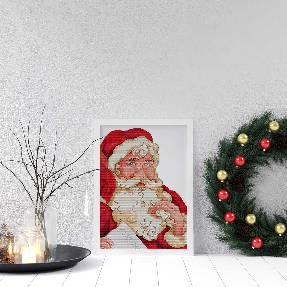 Kreuzstich - Weihnachtsmann mit Wunschzettel | 30x40 cm - Diy - Fadenkunst
