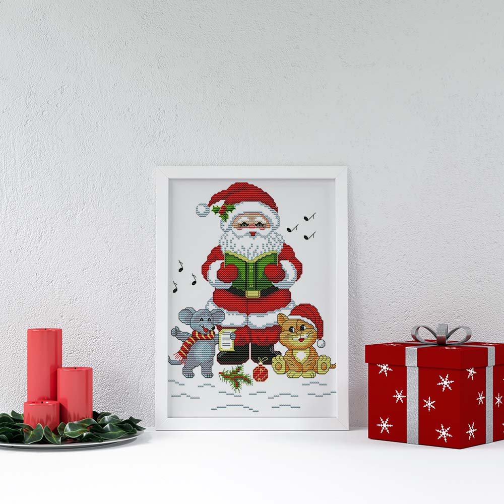 Kreuzstich - Weihnachtsmann mit Katze & Maus | 25x30 cm - Diy - Fadenkunst