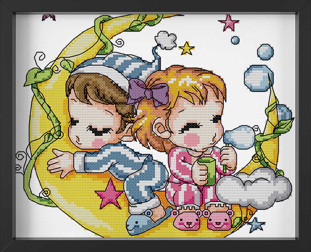 Kreuzstich - Kinder auf dem Mond | 30x25 - Diy - Fadenkunst