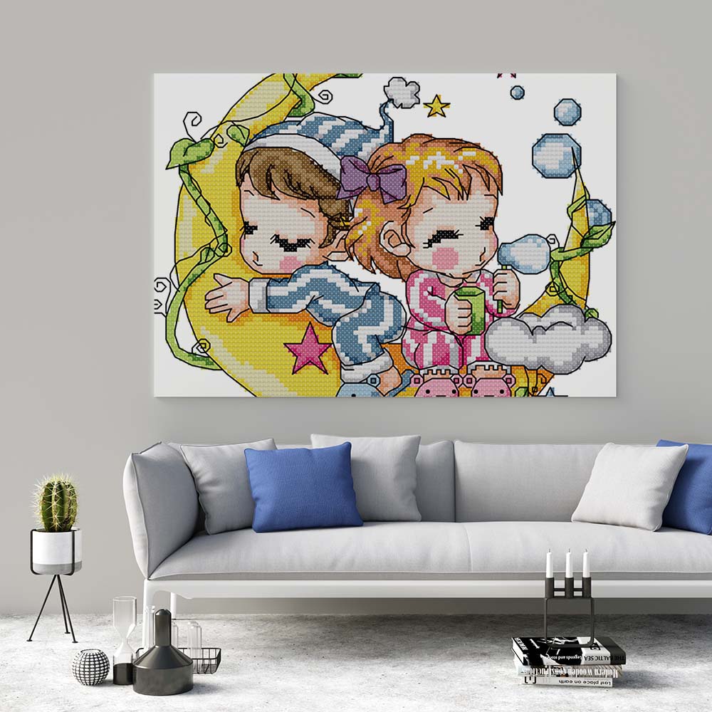 Kreuzstich - kleine Kinder auf dem Mond | 45x30 - Diy - Fadenkunst