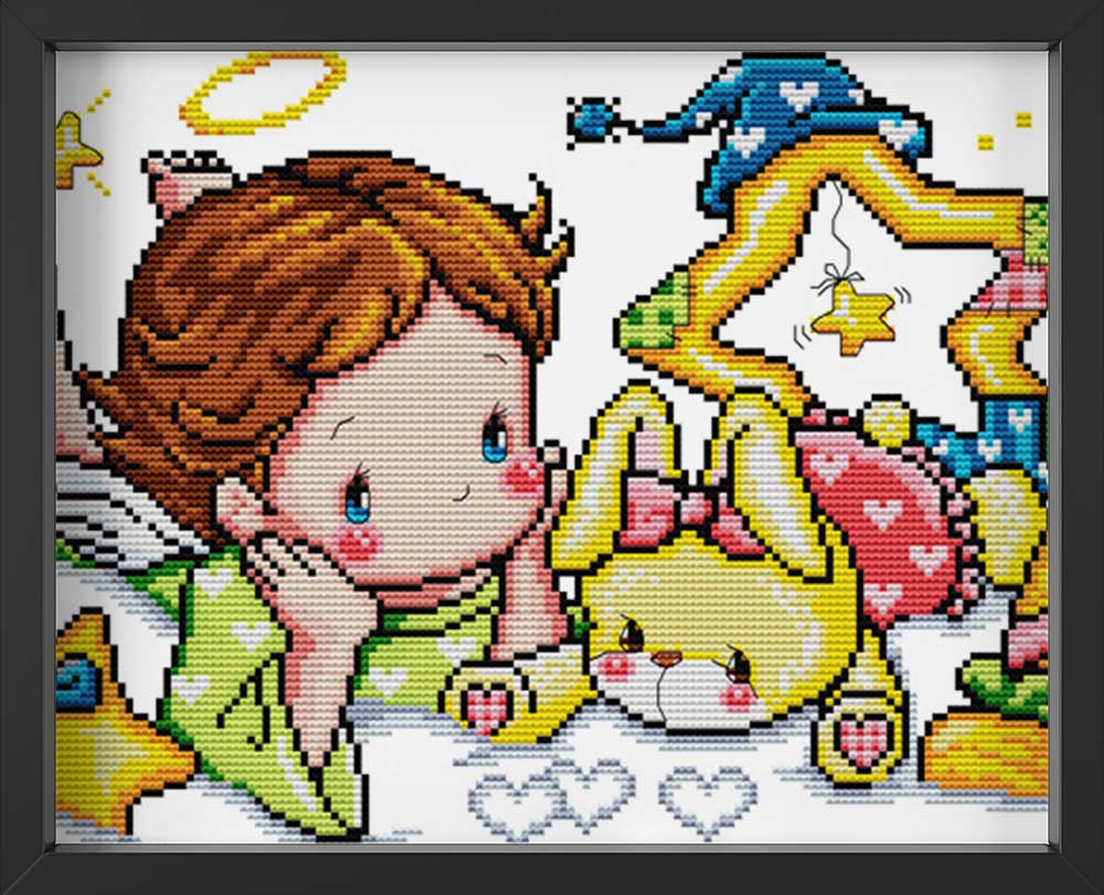 Kreuzstich -  kleines Mädchen mit kleiner Hase | 45x30 cm - Diy - Fadenkunst