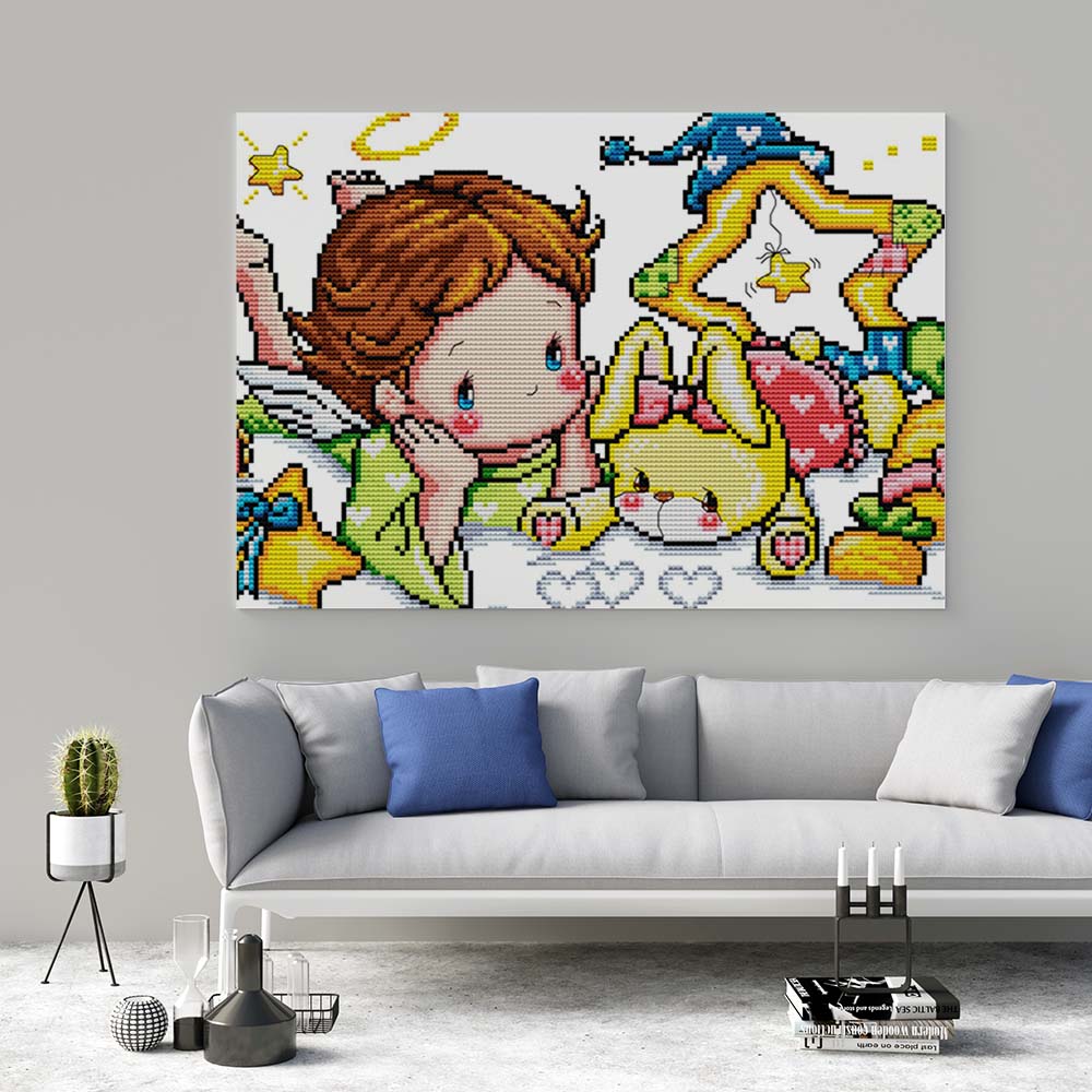 Kreuzstich -  kleines Mädchen mit kleiner Hase | 45x30 cm - Diy - Fadenkunst