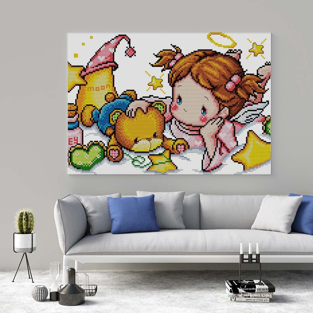 Kreuzstich -  kleines Mädchen mit kleiner Teddy | 45x30 cm - Diy - Fadenkunst