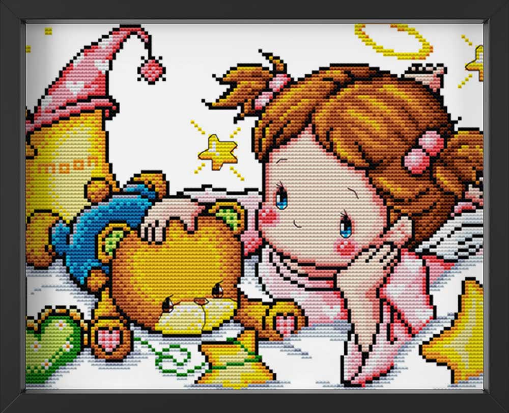 Kreuzstich -  kleines Mädchen mit kleiner Teddy | 45x30 cm - Diy - Fadenkunst