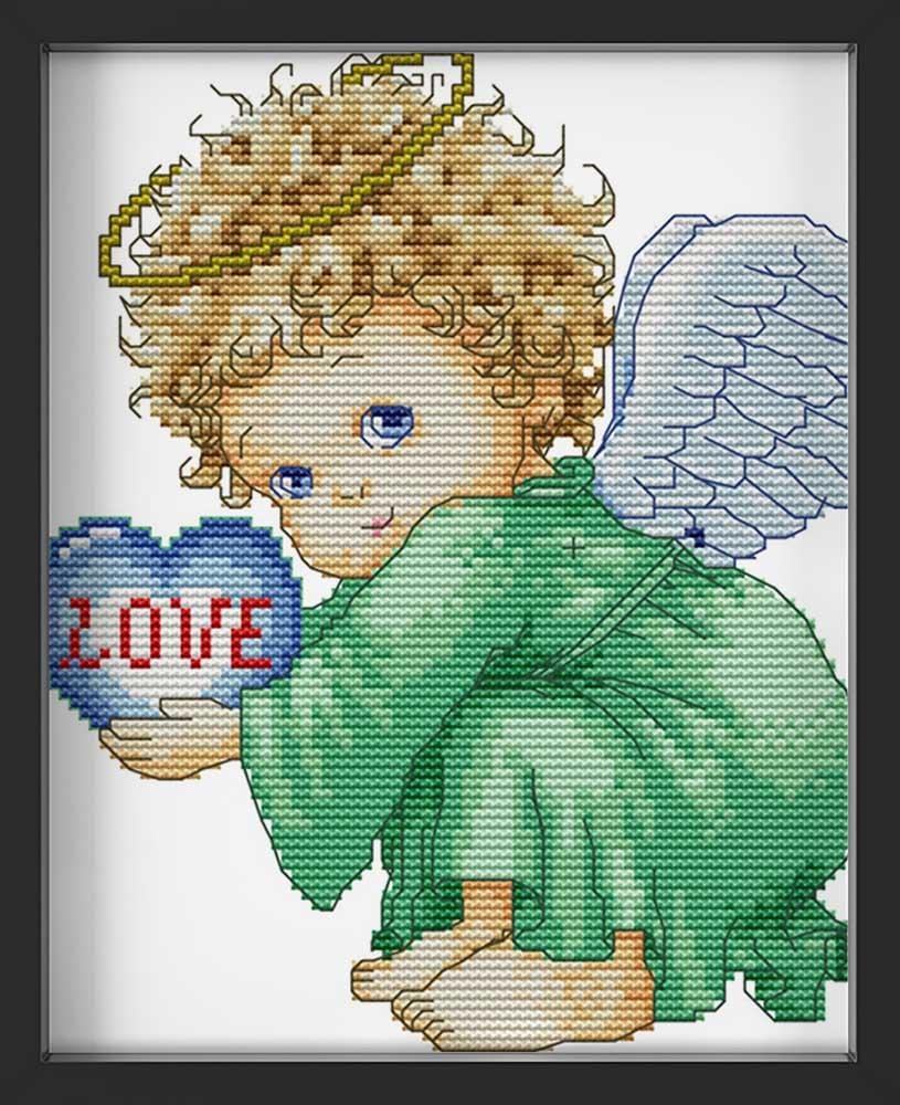 Kreuzstich -  kleiner Engel Love grün | 25x25 cm - Diy - Fadenkunst